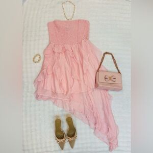 Pink Strapless Dress with Asymmetrical Hem
